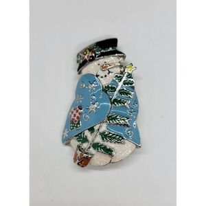 Vintage SFJ Enamel Snowman Holding Christmas Tree Pin Brooch Holiday